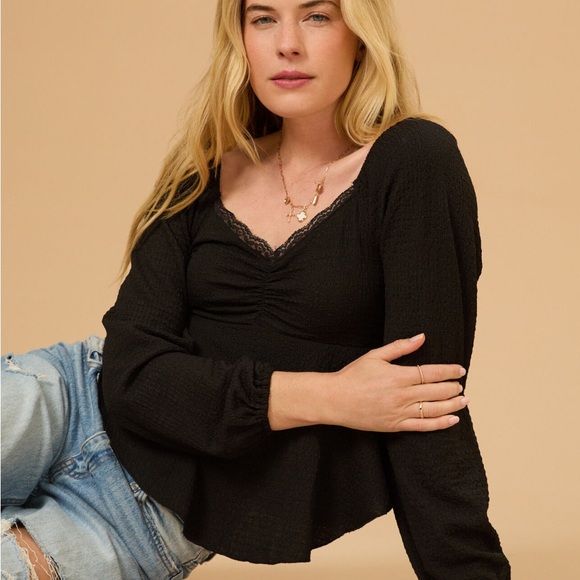 NWT Altar'd State Top Medium Blue Adley Cinched Ruched Babydoll Blouse Medium - Picture 6 of 6